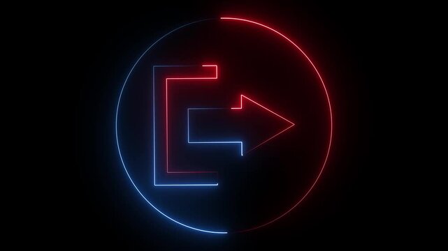 Glowing neon red and blue color logout sign icon animation right arrow sign symbol on black background. 4k animation by neon ..