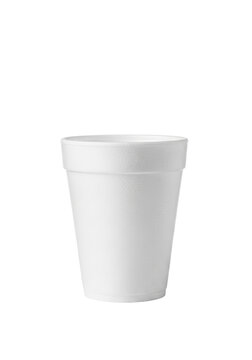 pristine blank disposable white styrofoam hot drink cup on a seamless high-key white studio background with soft acrylic reflection, commercial product mockup concept