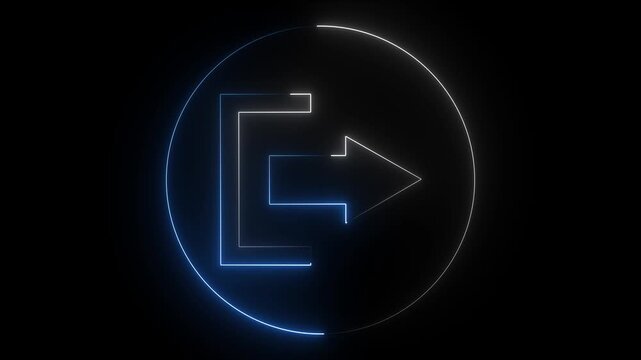 Glowing neon blue and white color logout sign icon animation right arrow sign symbol on black background. 4k animation by neon ..