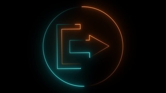 Glowing neon navy blue and yellow color logout sign icon animation right arrow sign symbol on black background. 4k animation by neon ..