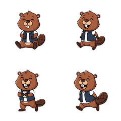 Obraz premium Four Happy Beavers in Blue and White Outfits with Baseball Bats