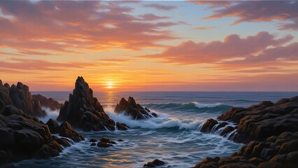 Obraz premium Sunset over rocky coastline with waves and vibrant sky