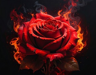 Vivid, detailed red rose engulfed in flames against a dark background. Smoke curls. Intense and fiery