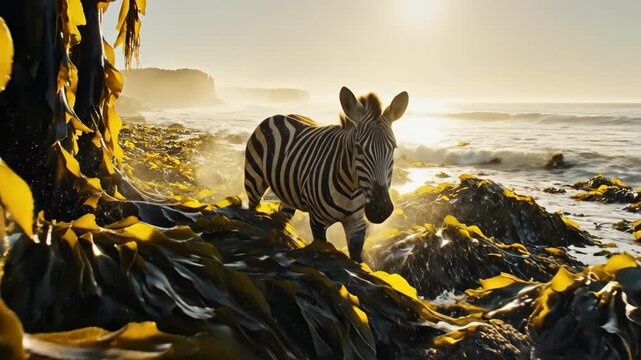 Zebra Braying on a Vibrant Seaweed-Covered Beach at Golden Hour Sunrise with Ocean Waves, 4K