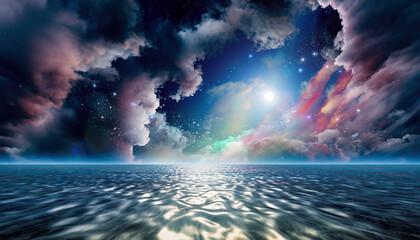 虹色の宇宙雲と月光の海：Rainbow Cosmic Sky and Moonlit Sea
