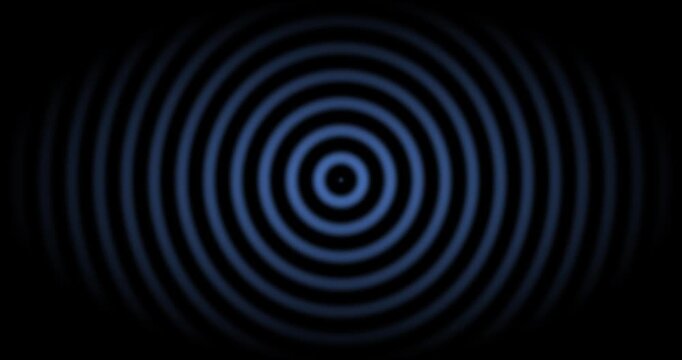 Abstract geometric background featuring glowing blue concentric rings radiating from a central point on a black background. The symmetrical wave pattern evokes sound waves, energy fields, radar signal