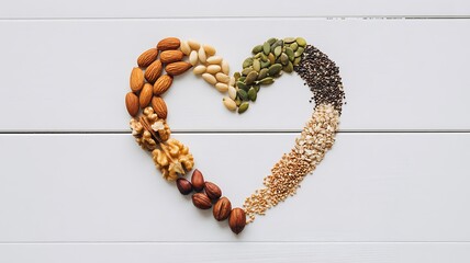 Obraz premium Nourishing Heart: A heart-shaped arrangement, composed of assorted nuts and seeds, symbolizing wellness and wholesome eating habits.