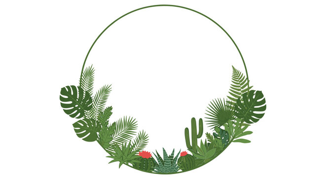 A beautiful circular frame made of lush green tropical leaves, including monstera, palm, and cactus, with copy space in the center.