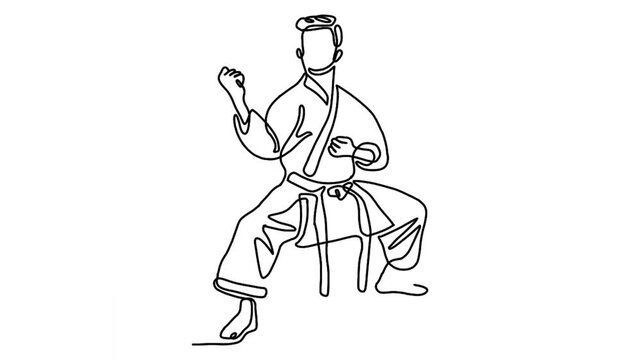 continuous line animation of man practicing karate combat