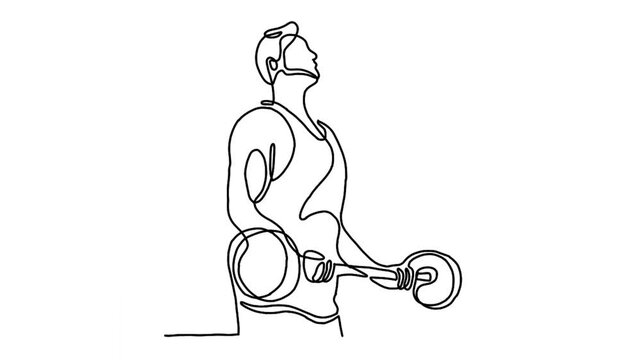 continuous line animation of strong weightlifter man preparing for barbell workout