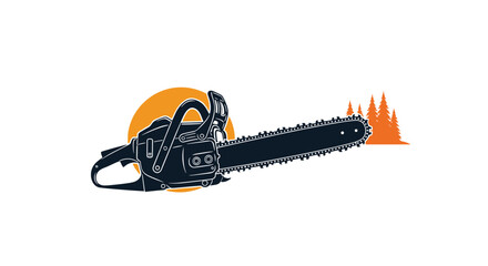 Naklejka premium A powerful chainsaw silhouette against an orange sun and pine trees, creating a logo for a lumberjack, arborist, or forestry service.
