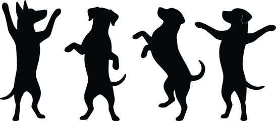 Dancing dog silhouette illustration set, upright poses, playful gesture icons, black outline, isolated, vector graphic © Sopon Creatives