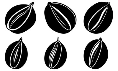 Six black fig fruit silhouettes with white outlines on transparent background