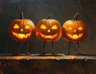 Three animated carved gourds with glowing eyes and legs
