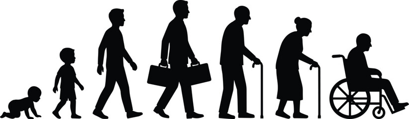 Fototapeta premium Human life stage silhouette illustration, infancy to old age, generational progression, mobility diversity, black outline, isolated, vector graphic