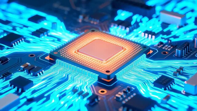 Closeup of a glowing computer chip