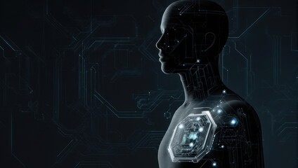 Futuristic Humanoid with Glowing Technology Interface on Chest.
