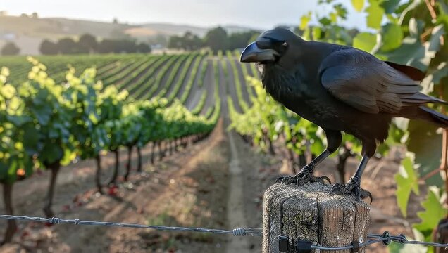 Majestic Black Crow Perched on Fence Post in a Sunny Vineyard, Wildlife Bird in Wine Country, 4K