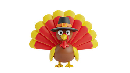 3D Cute 3D Cartoon Turkey Wearing Pilgrim Hat for Thanksgiving on transparent background