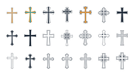 Large set of various Christian cross icons and symbols in different artistic styles, including simple, ornate, and sketched designs.