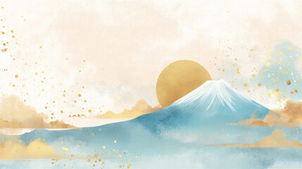 鮮やかな水彩風の富士山と初日の出