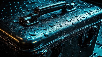 A dark metal container with a secure latch mechanism is covered in water drops reflecting a blue teal light