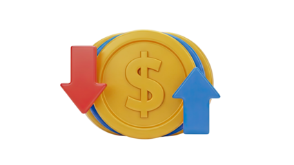 3D Money symbol coin with up and down arrows on transparent background