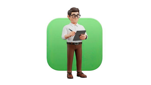 3D Man with Tablet and Stylus on transparent background - Powered by Adobe