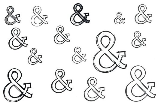 Whimsical, varying-sized ampersands sketched in black ink on white paper, ampersand,  element