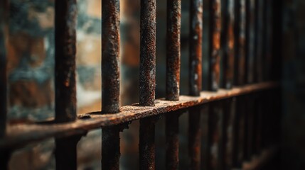 Rusty prison bars illuminated by soft light.