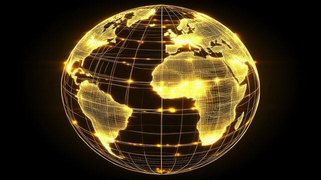 A glowing digital wireframe globe illuminated with bright lights representing global technology and connections on a dark background - Powered by Adobe