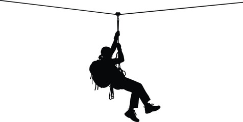 Zipline silhouette vector illustration featuring a person with backpack sliding on a cable, extreme outdoor adventure sport for tourism and recreation design, © MdMeherul