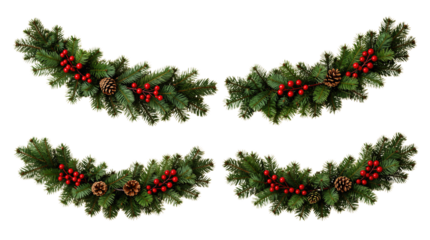 Four festive pine garlands with berries and pinecones