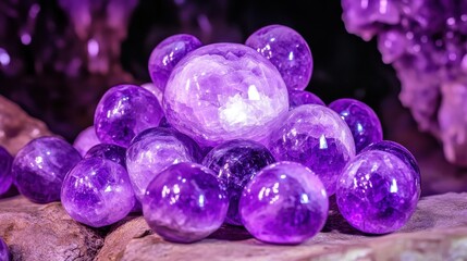 A mesmerizing collection of polished amethyst spheres and geodes with their natural crystalline interiors glowing vibrantly under soft light