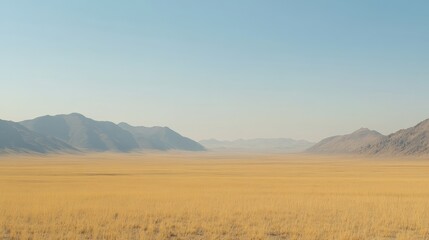 Fototapeta premium A vast open landscape of dry golden grass stretches across an arid plains with distant rolling hills under a clear blue sky