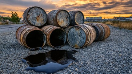 A pile of old dented metal barrels leaking viscous dark fluid onto gravel with industrial structures in the background under a cloudy sunset sky