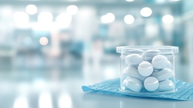 A transparent container filled with white medical pills sits on a blue textured surface with a blurred hospital or laboratory background suggesting healthcare supplies