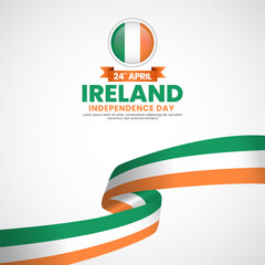 Ireland independence day greeting card, square banner background with warving ribbon flag