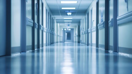 An empty modern hospital corridor with bright overhead lighting and clean tiled floors stretching into the distance
