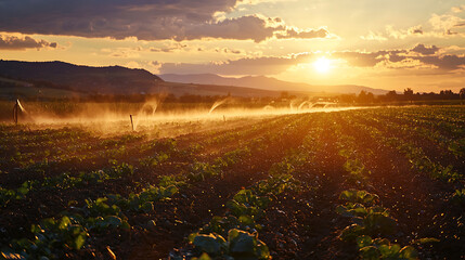 Golden Sunset Over Irrigated Agricultural Field With Dust Motes Rural Landscape Warm Light Glow