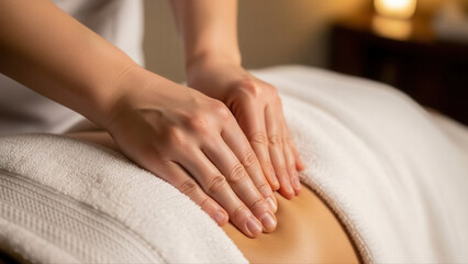 Close-up of hands gently kneading shoulder muscles during a relaxing massage in a serene spa setting with warm ambient lighting and soft focus background