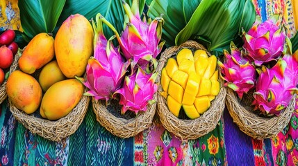 A vibrant display of exotic tropical fruits including dragon fruit and mango arranged artfully in natural baskets against a colorful patterned background