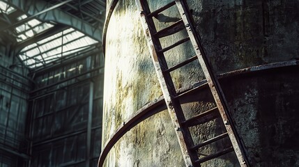 A rusted metal access ladder leans against a weathered industrial cylindrical structure in a dimly lit building