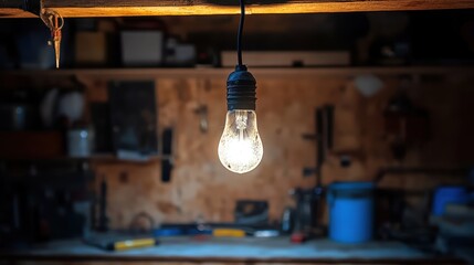 Bare light bulb hanging precariously from frayed cord illuminates a cluttered workshop with tools and shelves in the background