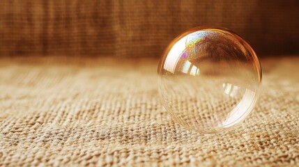 A single iridescent bubble with rainbow colors rests precariously on a textured brown surface