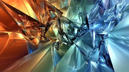 Abstract swirling patterns of colored glass fragments with sharp geometric facets and vibrant iridescent light reflections