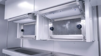 Close up of a modern laboratory biosafety cabinet with HEPA filtration system for sterile enclosed workspace and advanced air purification