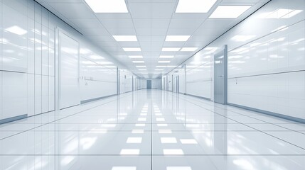 Obraz premium A sterile modern medical hallway with seamless tiled floor and bright overhead lighting extending into the distance with doors on either side