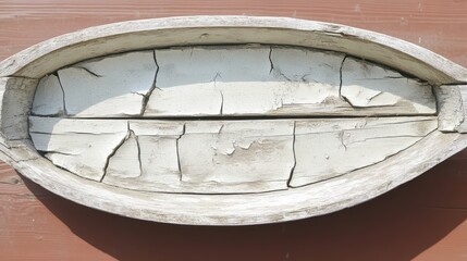 Close up of cracked white paint on a weathered wooden trough surface