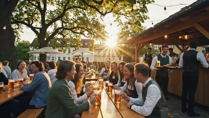 Friends toasting beer mugs at an outdoor beer garden during sunset.
